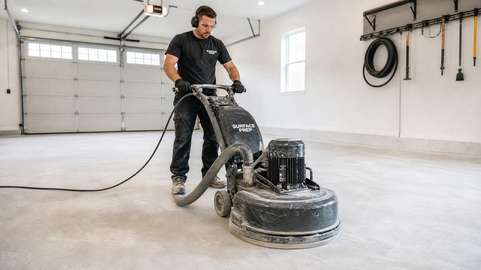 Professional concrete surface preparation before a garage floor coating