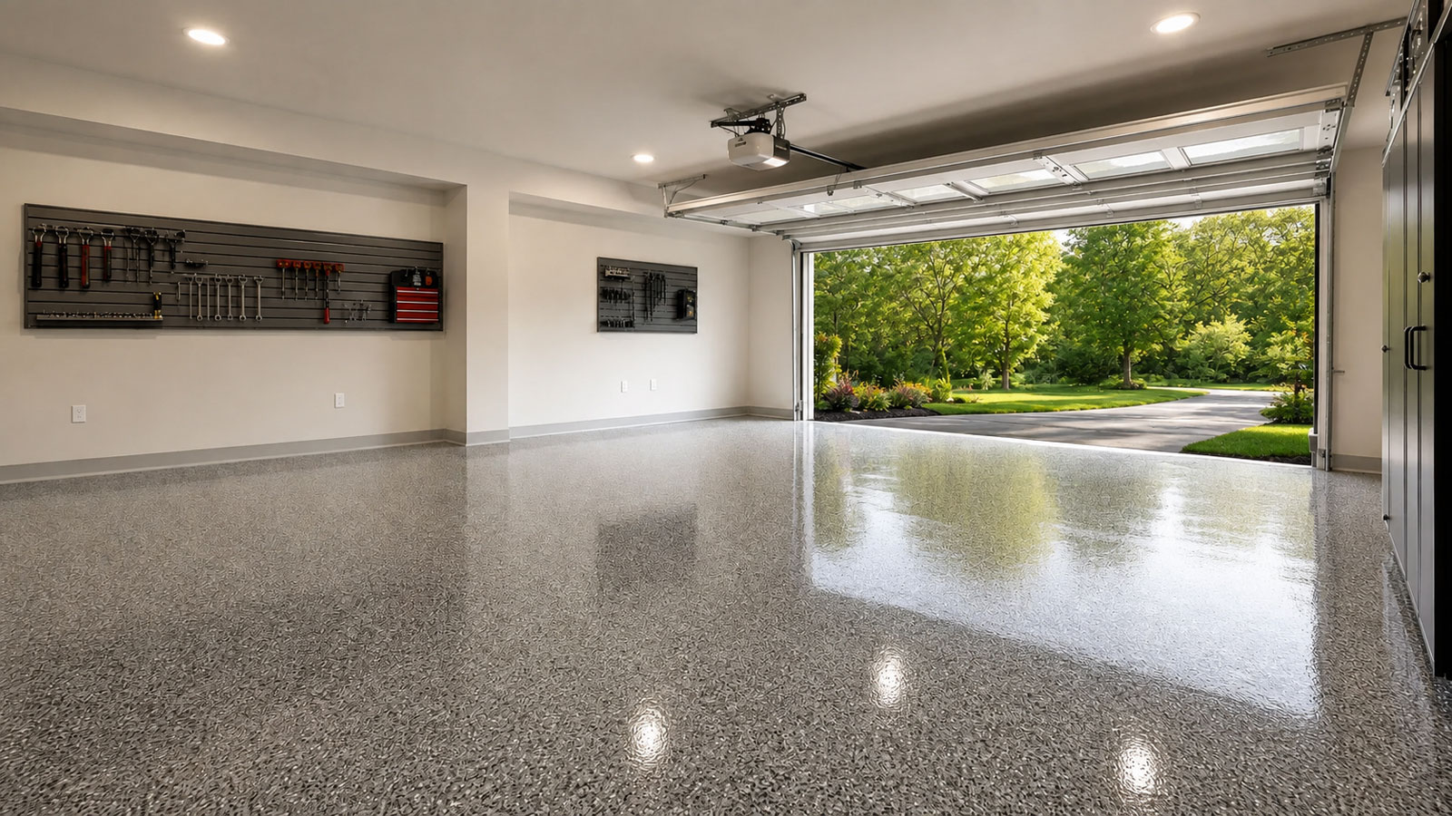 Residential garage with a decorative flake floor